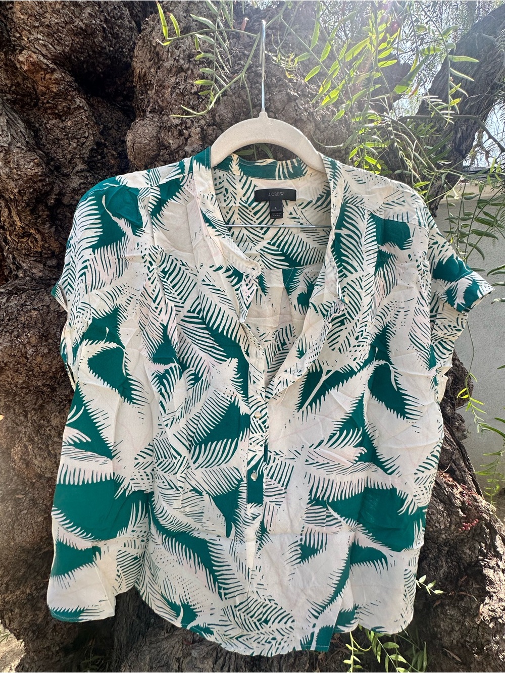 J. Crew Teal and White Palm-Print Button-Down Shirt